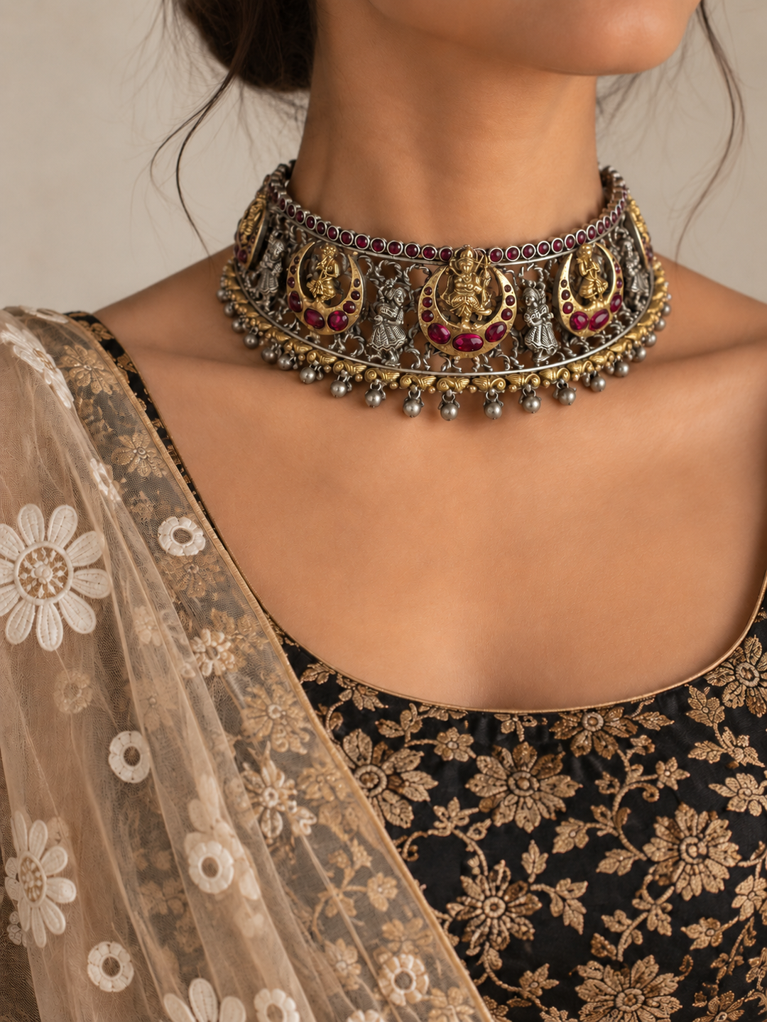 925 Silver Antique Ganesha Choker Set with Pink Cabochons