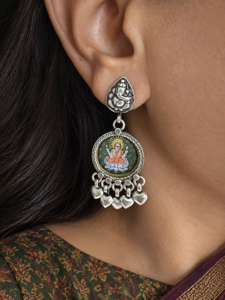Handpainted Laxmi Ganesh 925 Silver Earrings with Heart Charms
