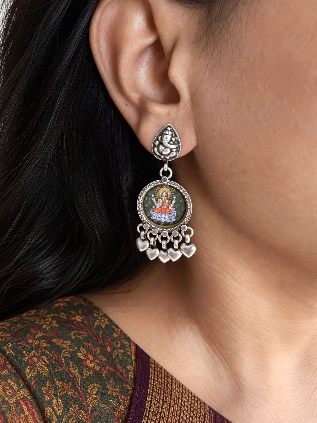 Handpainted Laxmi Ganesh 925 Silver Earrings with Heart Charms