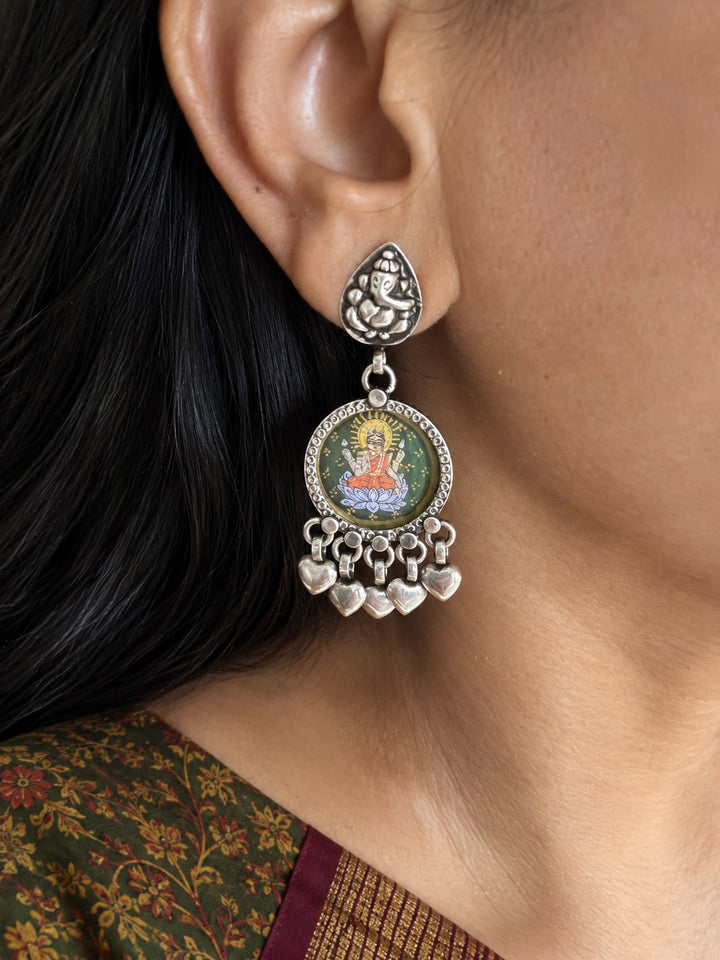 Handpainted Laxmi Ganesh 925 Silver Earrings with Heart Charms