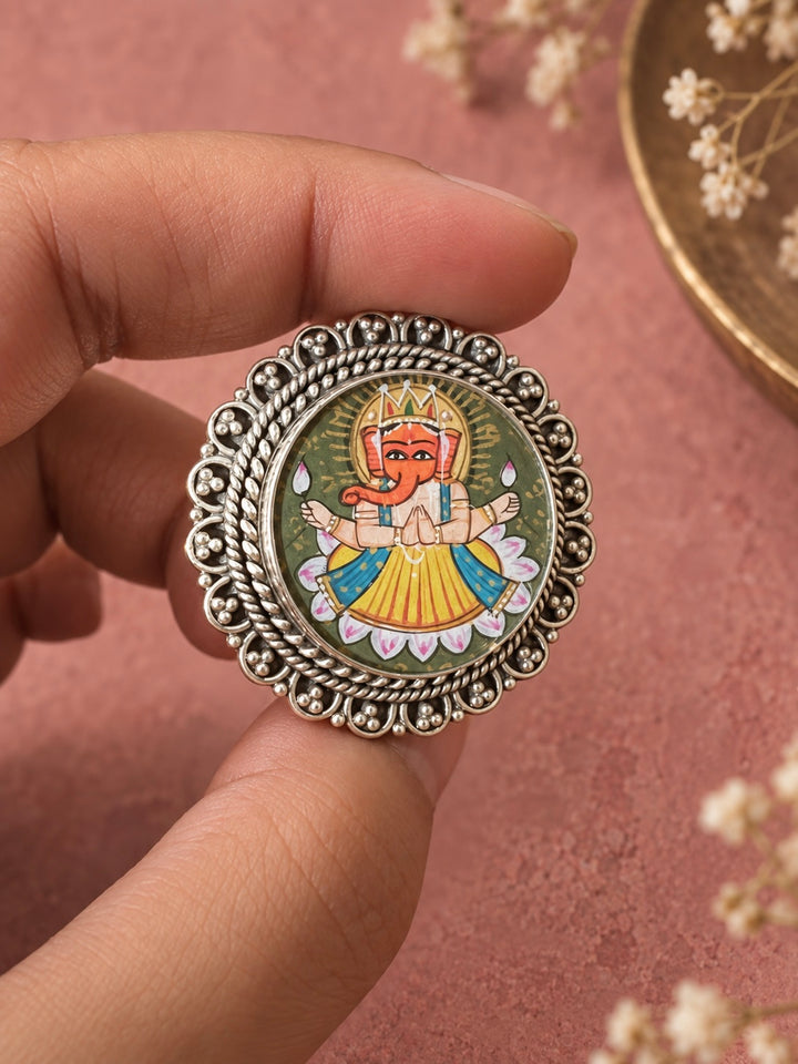 Handpainted Ganesha 925 Silver Ring