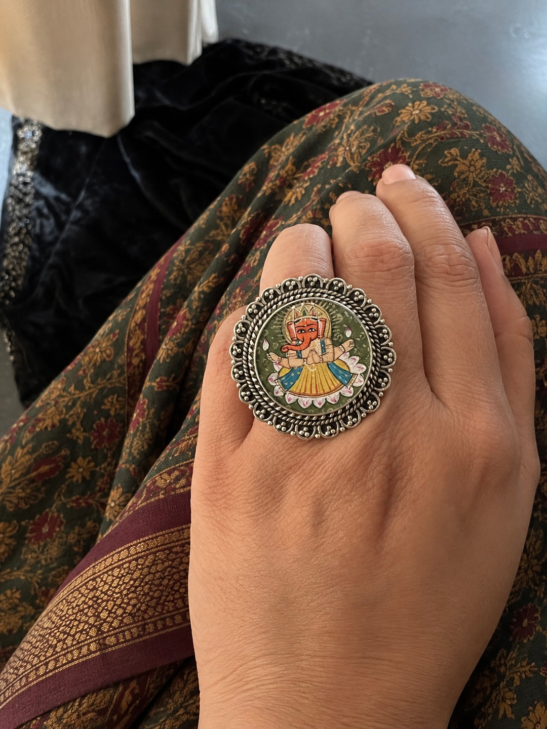 Handpainted Ganesha 925 Silver Ring
