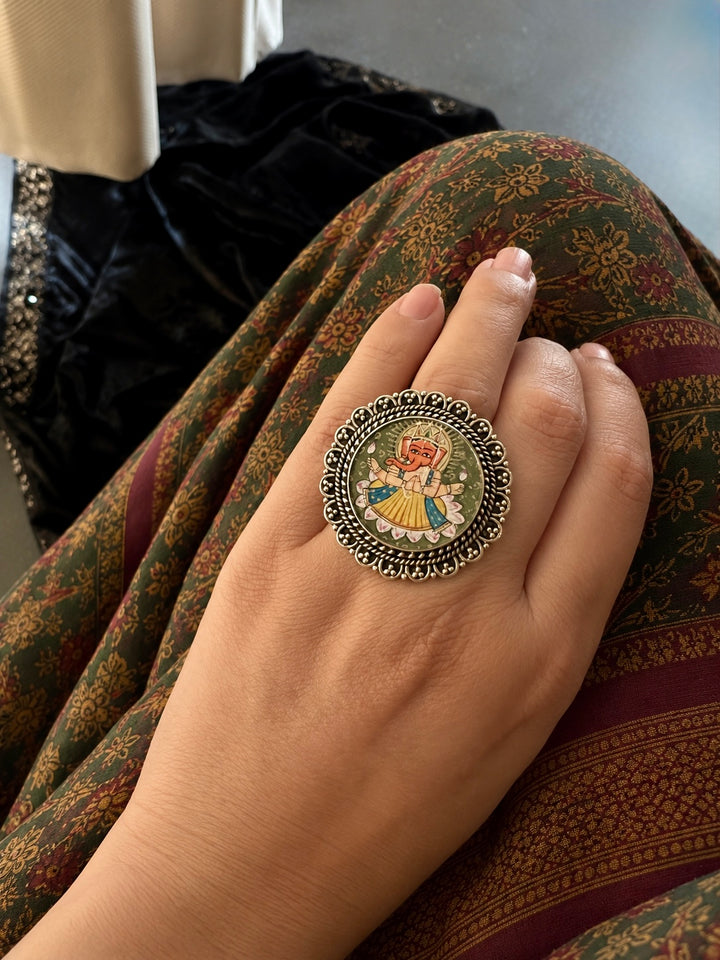 Handpainted Ganesha 925 Silver Ring