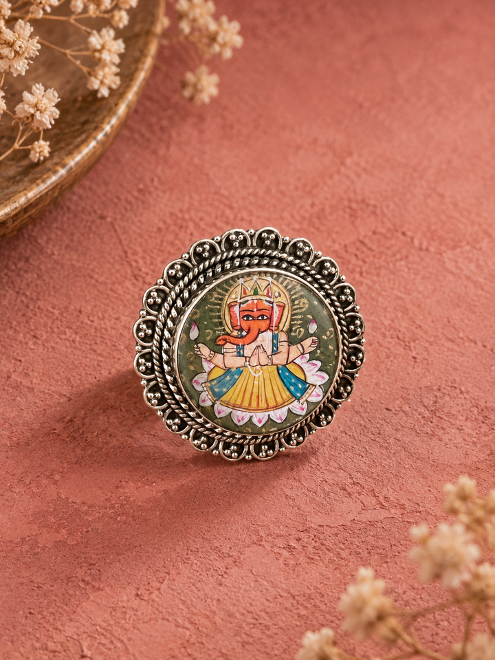 Handpainted Ganesha 925 Silver Ring