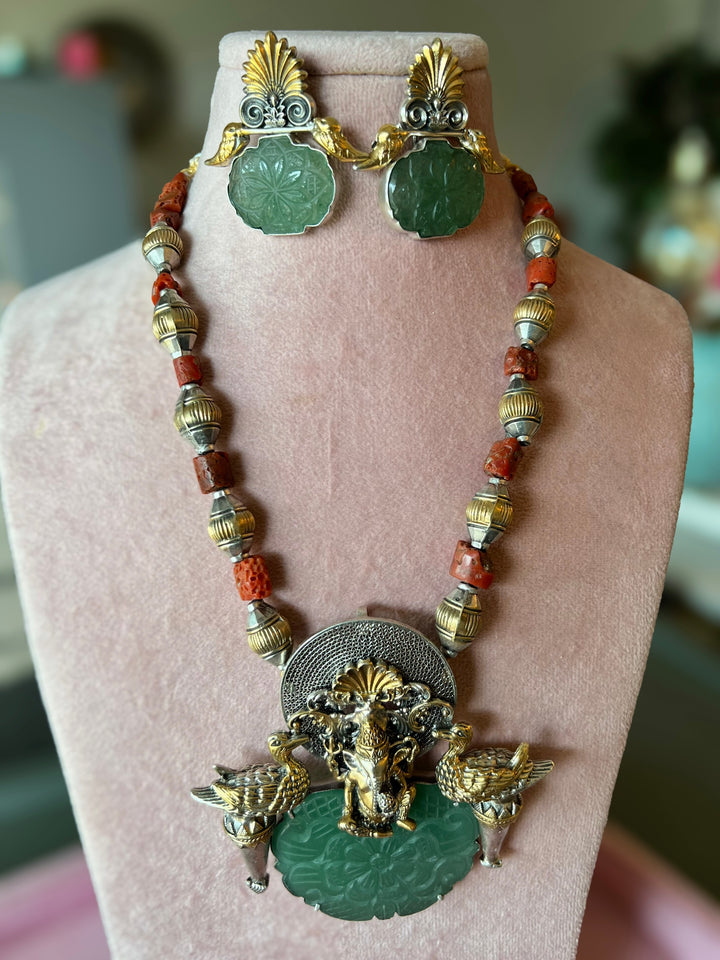 Hand-Carved Green Stone & Coral Bead 925 Silver Ganesha Necklace Set