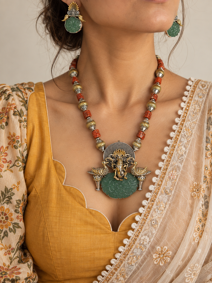 Hand-Carved Green Stone & Coral Bead 925 Silver Ganesha Necklace Set