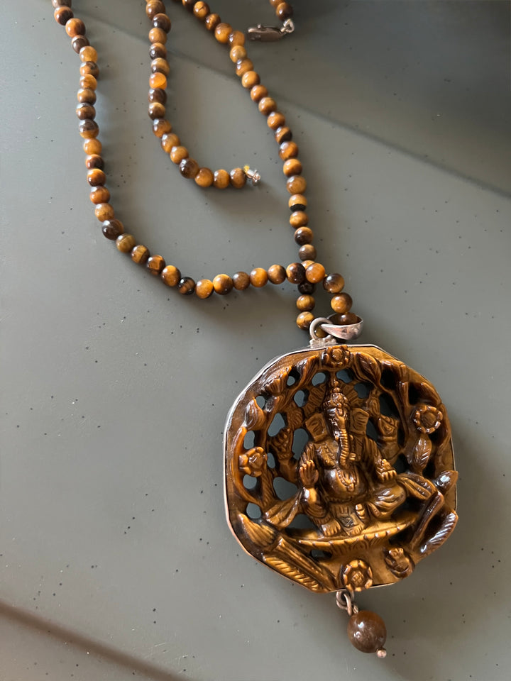 925 Silver Tiger Eye Ganesha Pendant Necklace