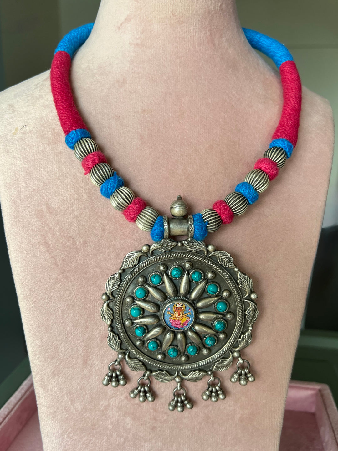 Handpainted Ganesha 925 Silver Thread Pendant Necklace