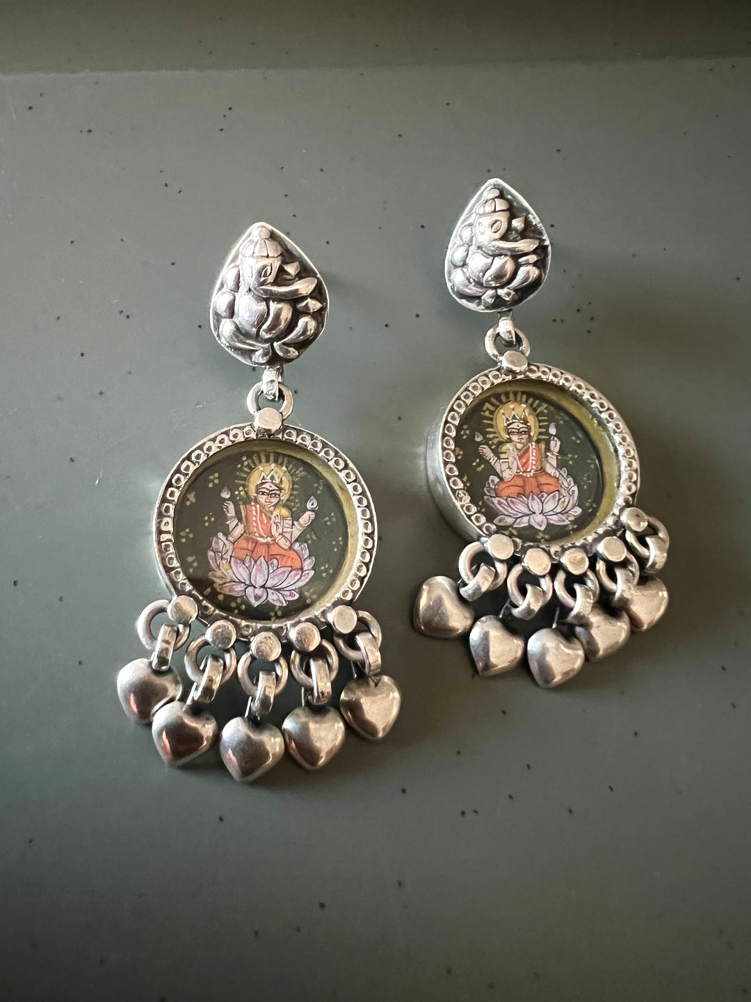 Handpainted Laxmi Ganesh 925 Silver Earrings with Heart Charms