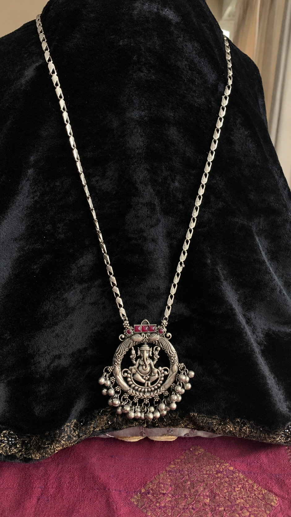Antique Silver Polish Ganesha Pendant Long Necklace