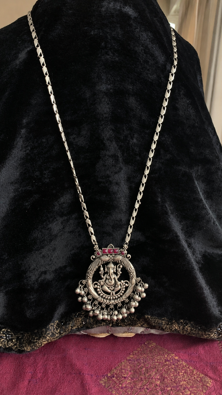 Antique Silver Polish Ganesha Pendant Long Necklace