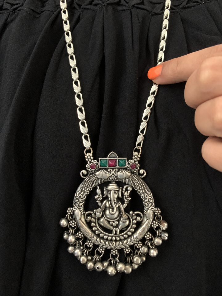 Antique Silver Polish Ganesha Pendant Long Necklace