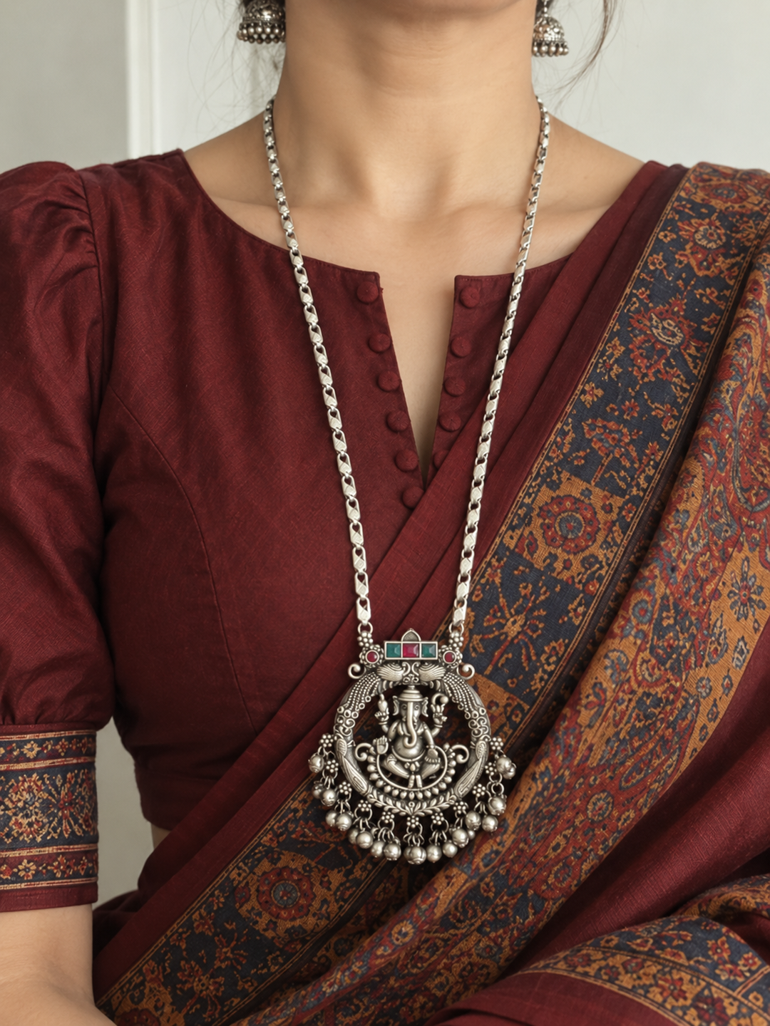 Antique Silver Polish Ganesha Pendant Long Necklace