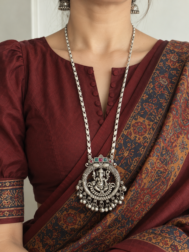 Antique Silver Polish Ganesha Pendant Long Necklace