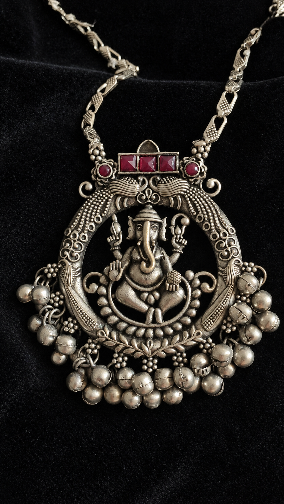 Antique Silver Polish Ganesha Pendant Long Necklace