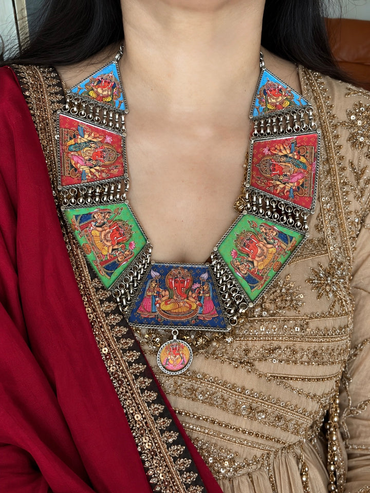 Pure 925 Silver Ashta Vinayaka Handpainted Statement Necklace
