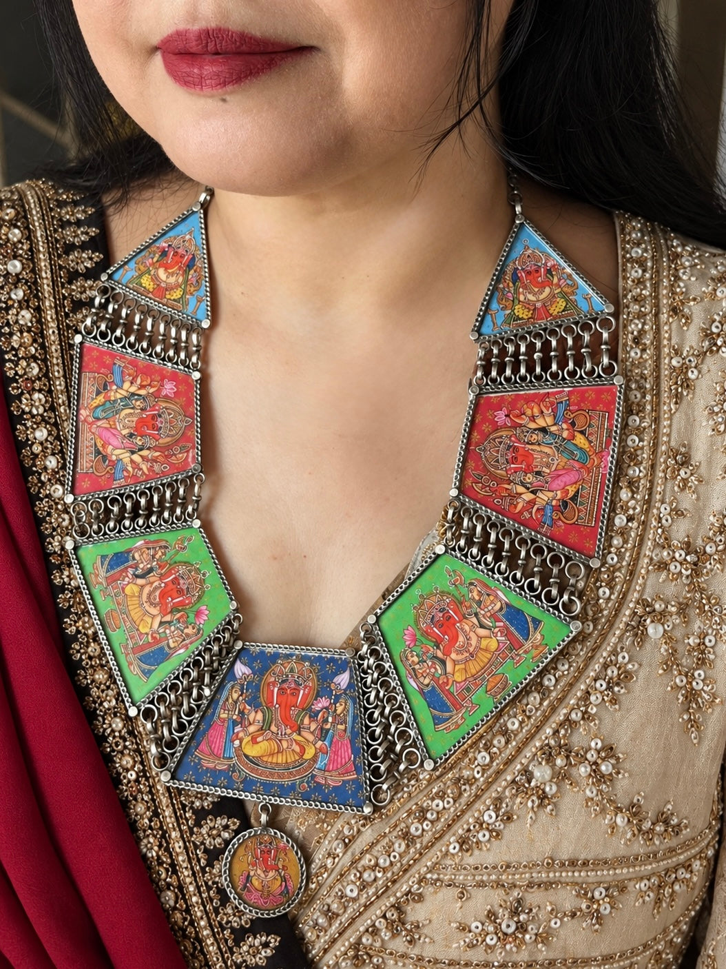 Pure 925 Silver Ashta Vinayaka Handpainted Statement Necklace