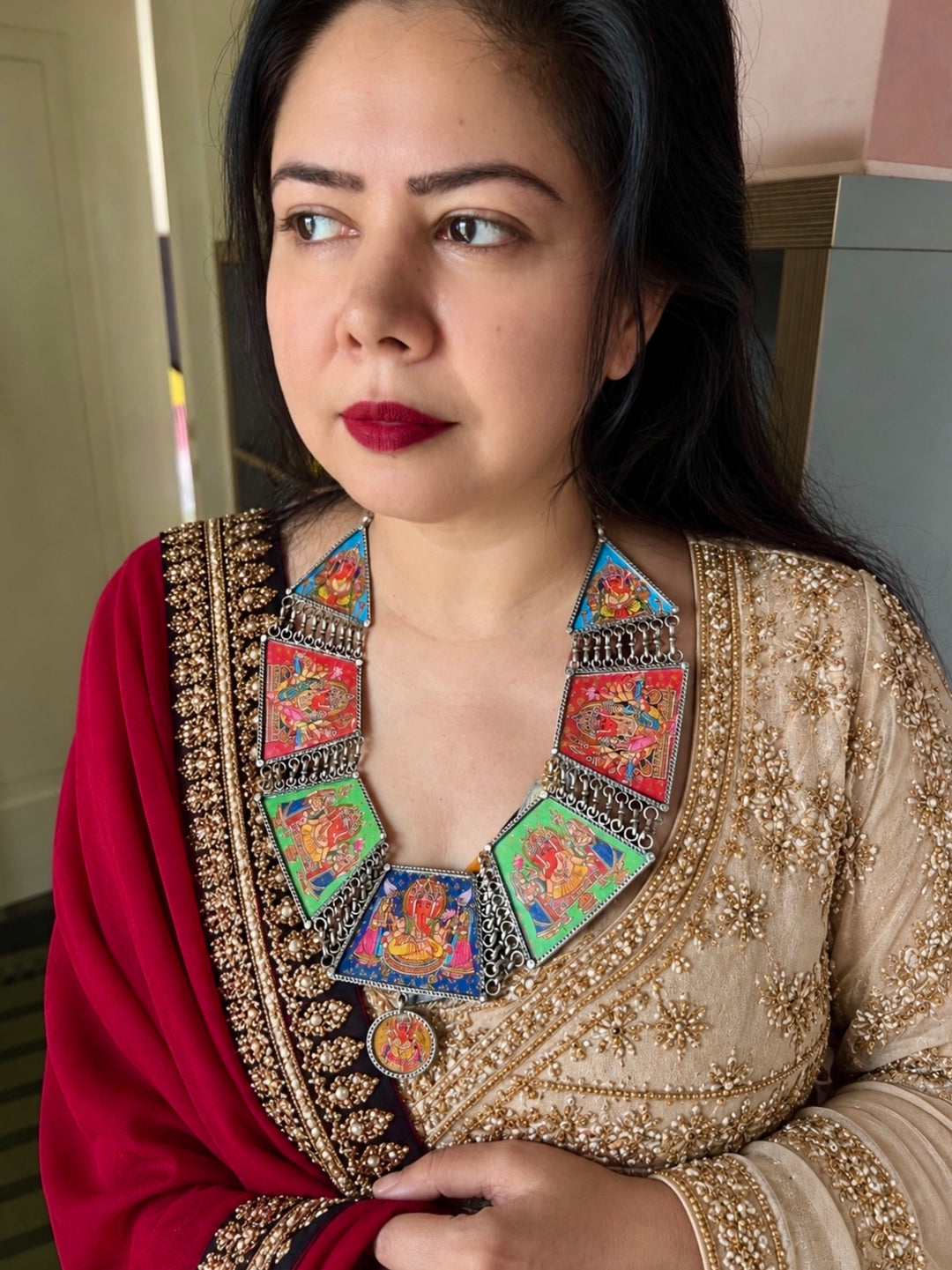 Pure 925 Silver Ashta Vinayaka Handpainted Statement Necklace