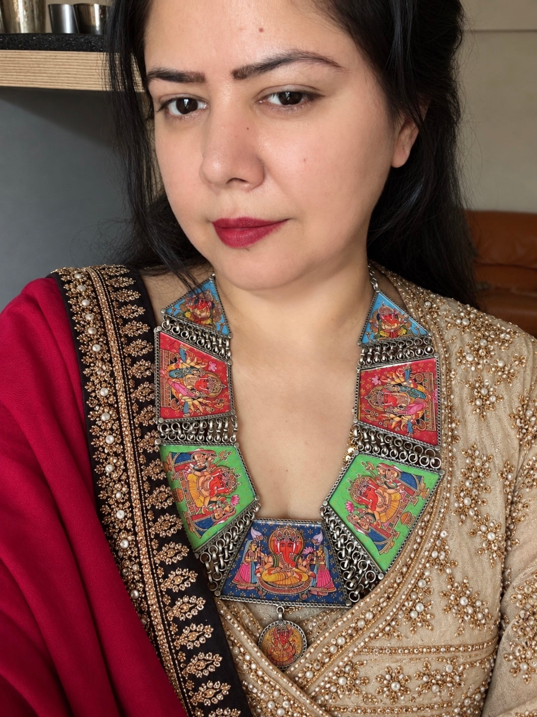 Pure 925 Silver Ashta Vinayaka Handpainted Statement Necklace