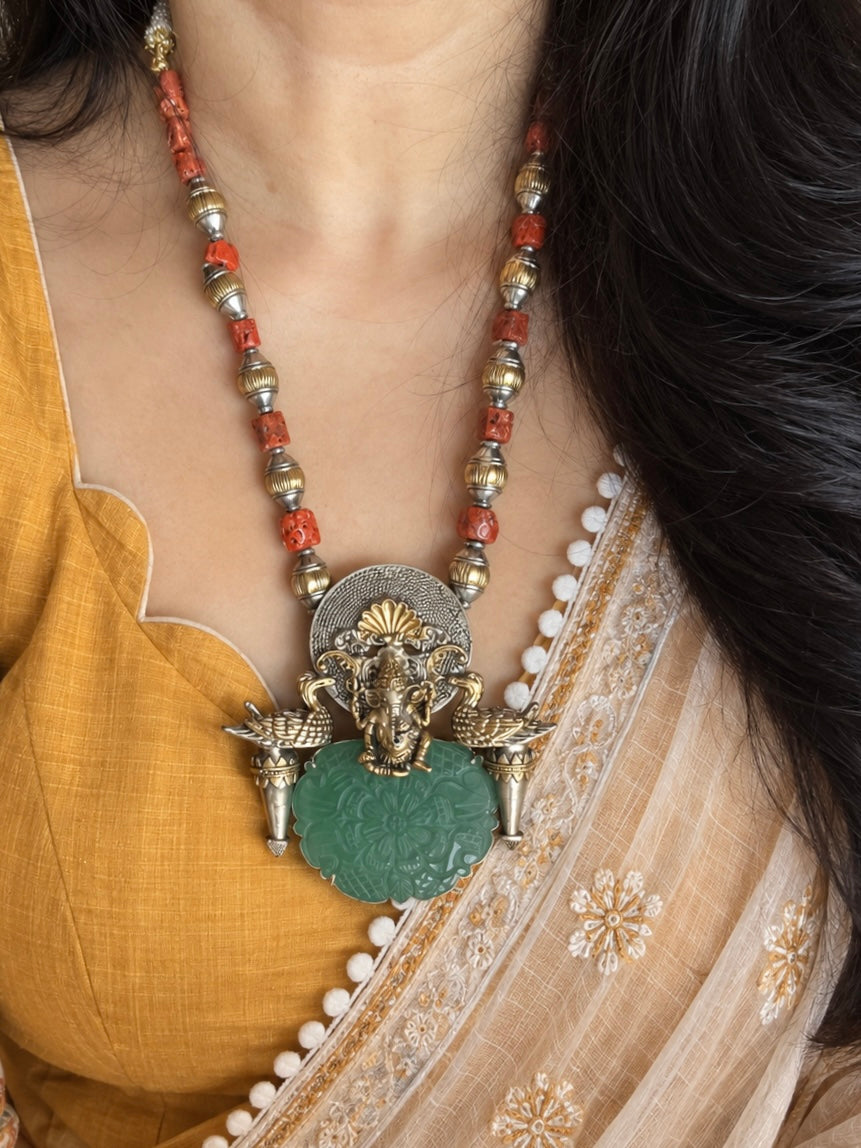 Hand-Carved Green Stone & Coral Bead 925 Silver Ganesha Necklace Set