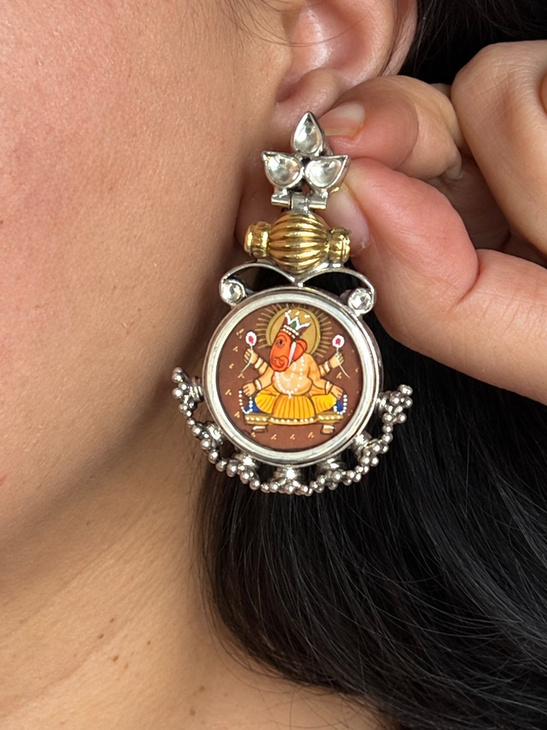 925 Silver Handpainted Ganesha Statement Earrings