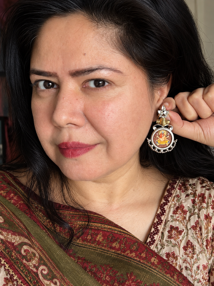 925 Silver Handpainted Ganesha Statement Earrings