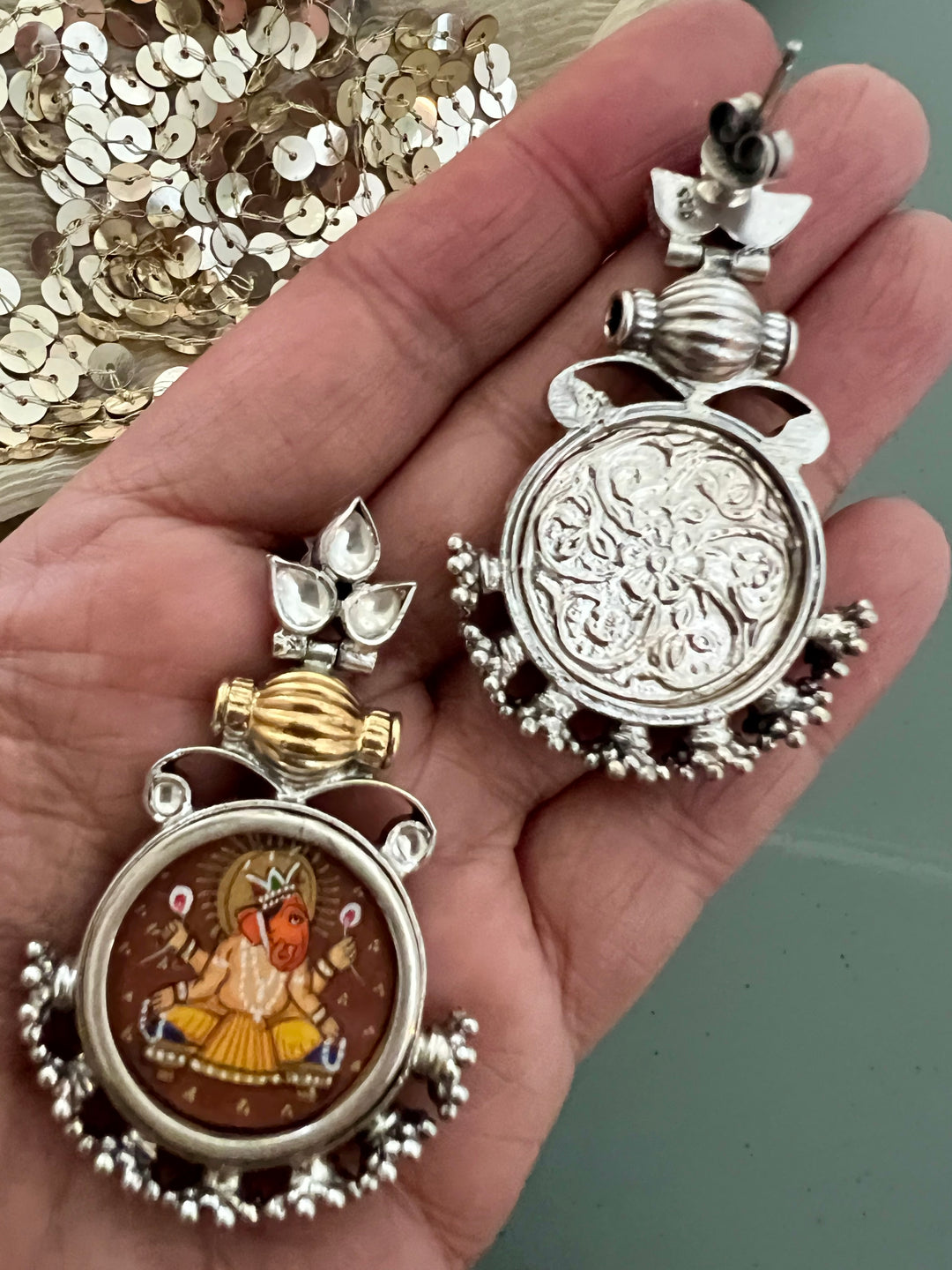 925 Silver Handpainted Ganesha Statement Earrings