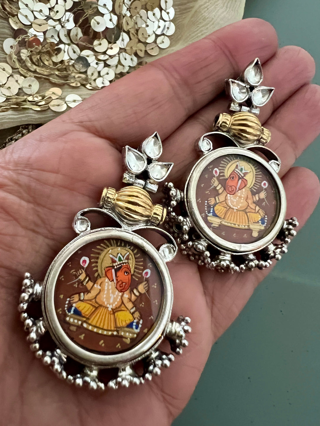 925 Silver Handpainted Ganesha Statement Earrings