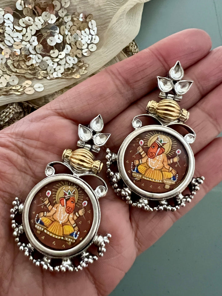 925 Silver Handpainted Ganesha Statement Earrings
