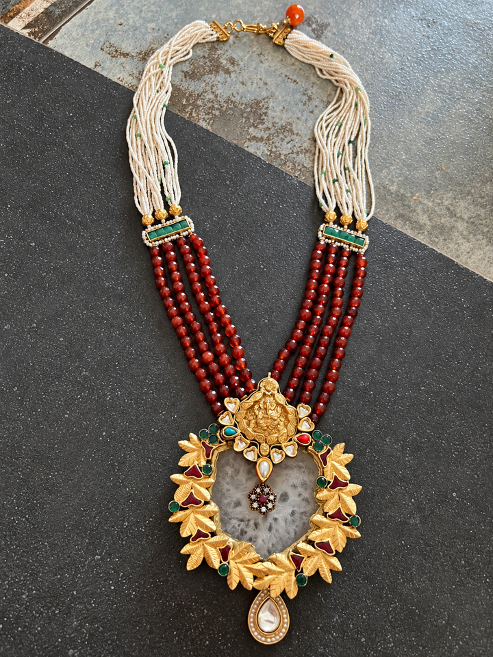 Statement Natural Druzy Agate & Kundan Ganesha Necklace