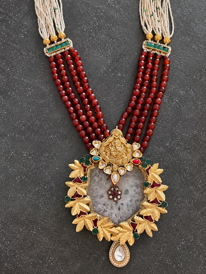 Statement Natural Druzy Agate & Kundan Ganesha Necklace
