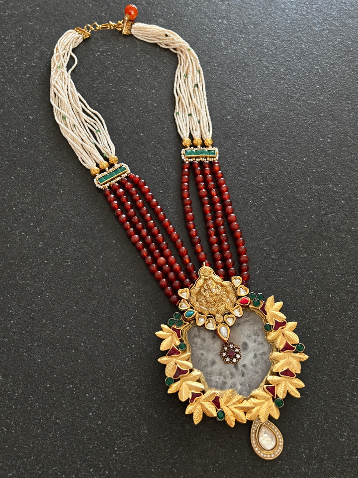 Statement Natural Druzy Agate & Kundan Ganesha Necklace