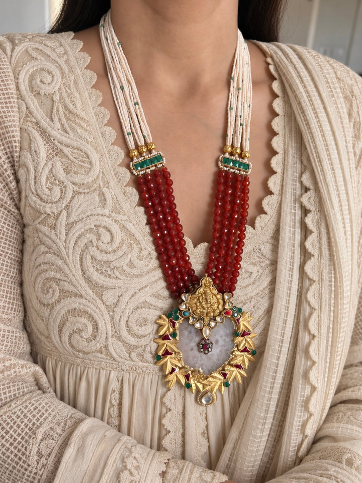 Statement Natural Druzy Agate & Kundan Ganesha Necklace
