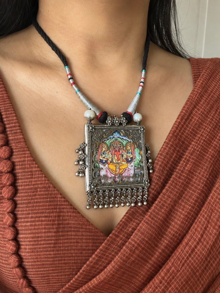 Handpainted Ganesha 925 Sterling Silver Pendant Necklace