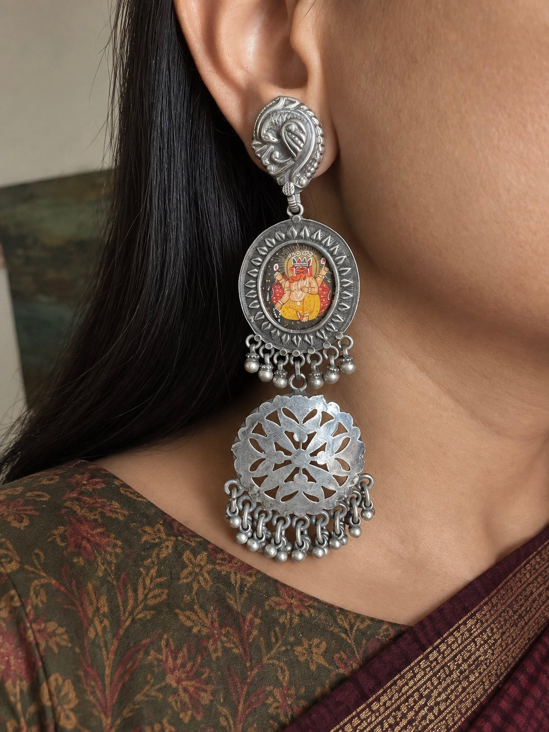 925 Silver Handpainted Ganesha Statement Earrings