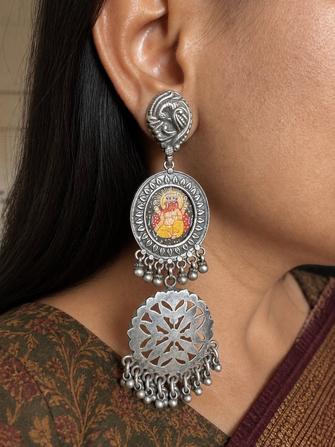 925 Silver Handpainted Ganesha Statement Earrings