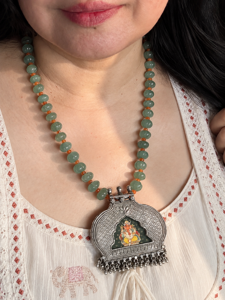 925 Silver Handpainted Ganesha Pendant Necklace with Green Melon Beads