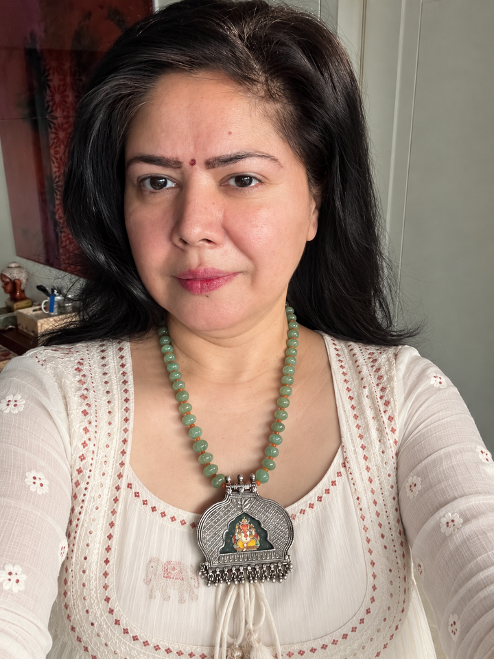 925 Silver Handpainted Ganesha Pendant Necklace with Green Melon Beads