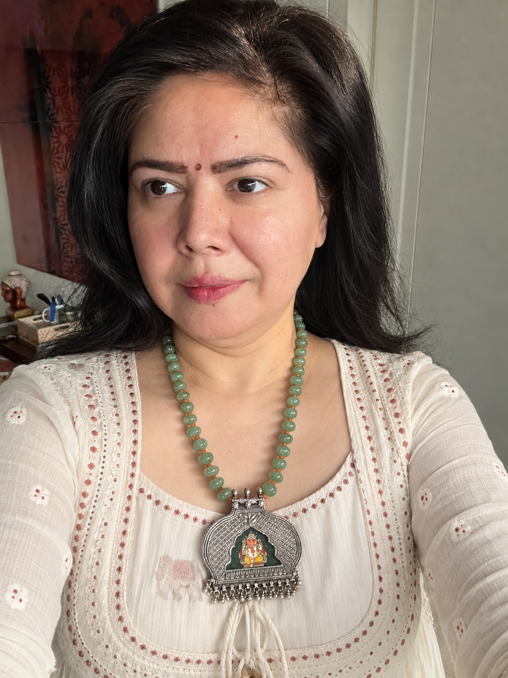 925 Silver Handpainted Ganesha Pendant Necklace with Green Melon Beads