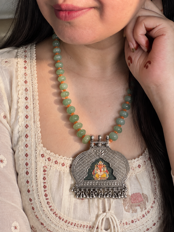 925 Silver Handpainted Ganesha Pendant Necklace with Green Melon Beads