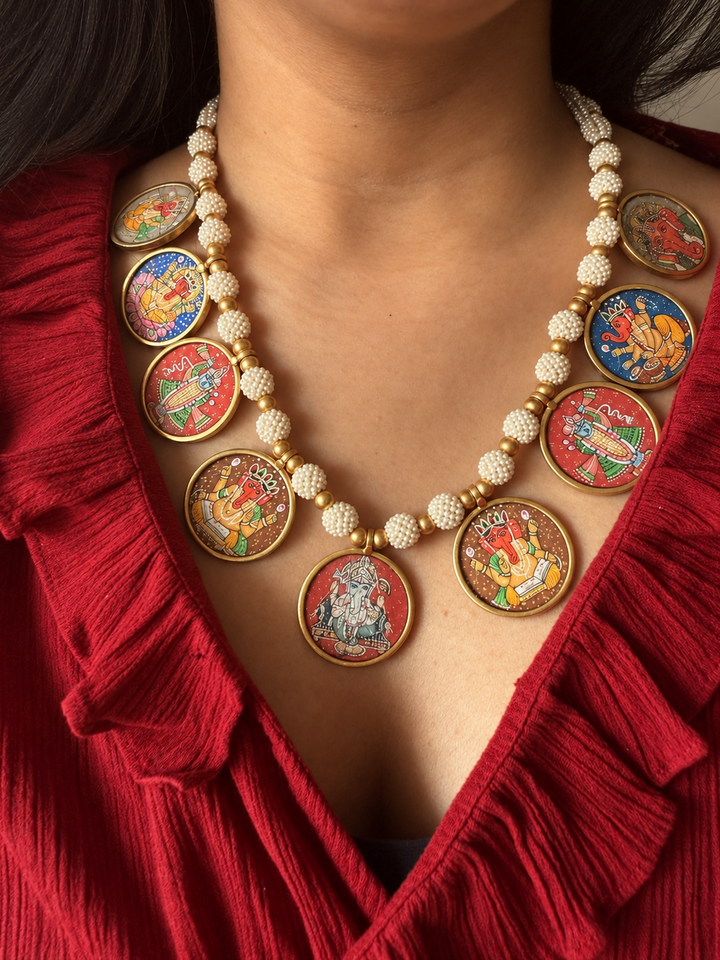 Handpainted Ganesha & Shrinathji 925 Silver Pearl Necklace