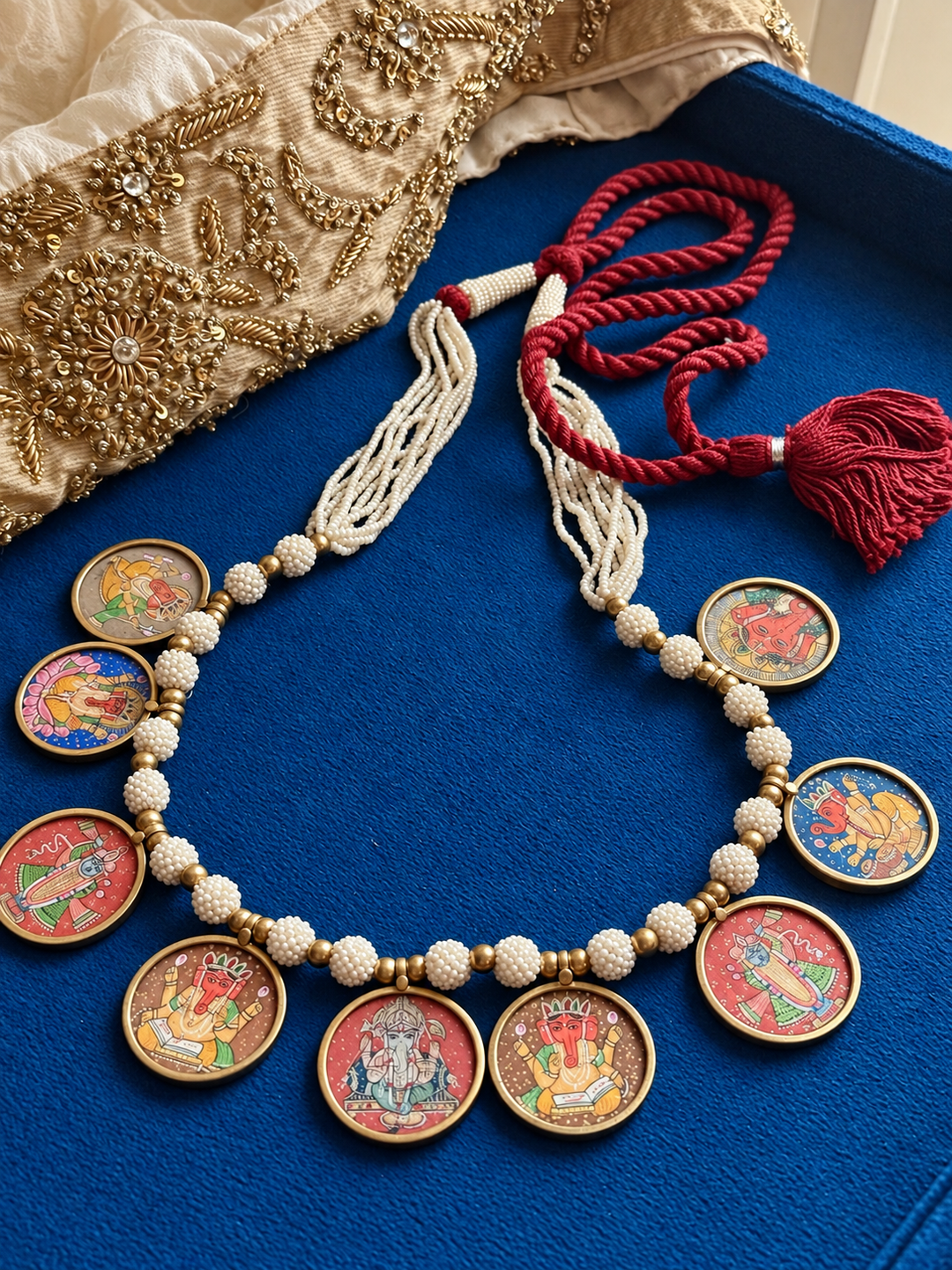 Handpainted Ganesha & Shrinathji 925 Silver Pearl Necklace