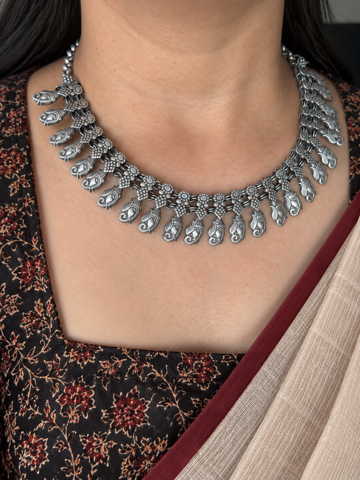 Antique Oxidized Silver Ganesha Motif Collar Necklace
