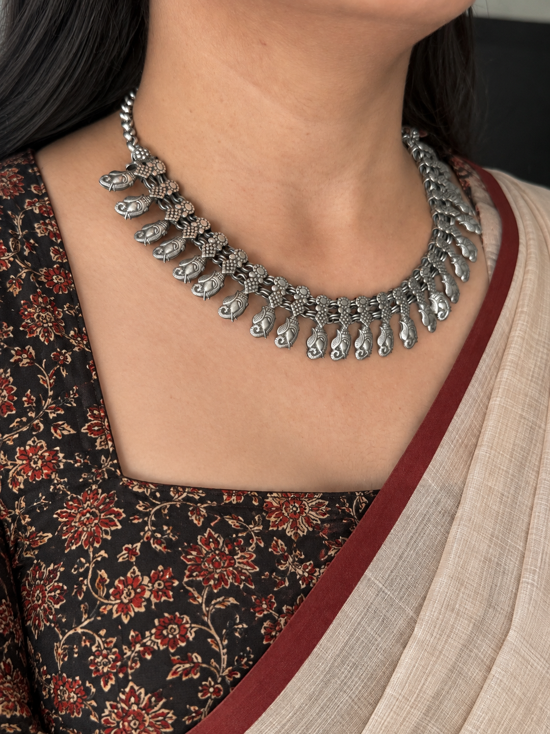 Antique Oxidized Silver Ganesha Motif Collar Necklace