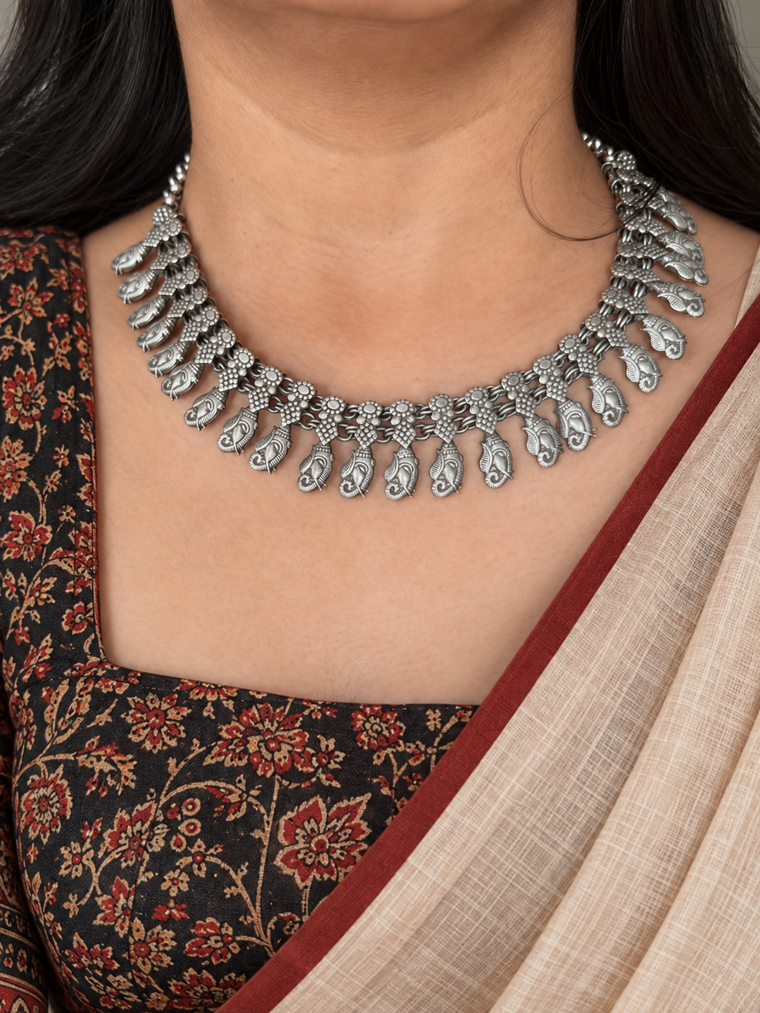 Antique Oxidized Silver Ganesha Motif Collar Necklace