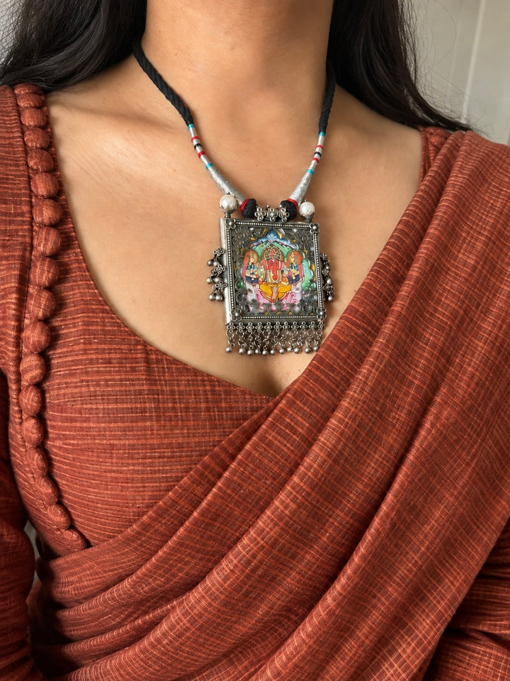 Handpainted Ganesha 925 Sterling Silver Pendant Necklace