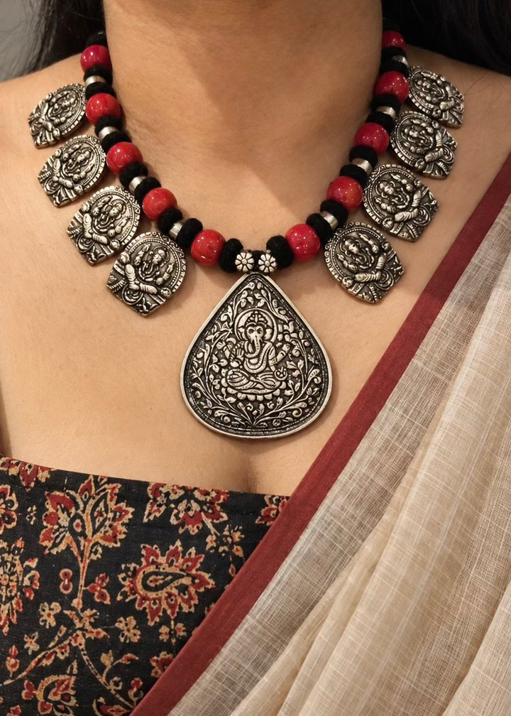 Silver Oxidized Multi-Pendant Lord Ganesh Necklace with Red Beads
