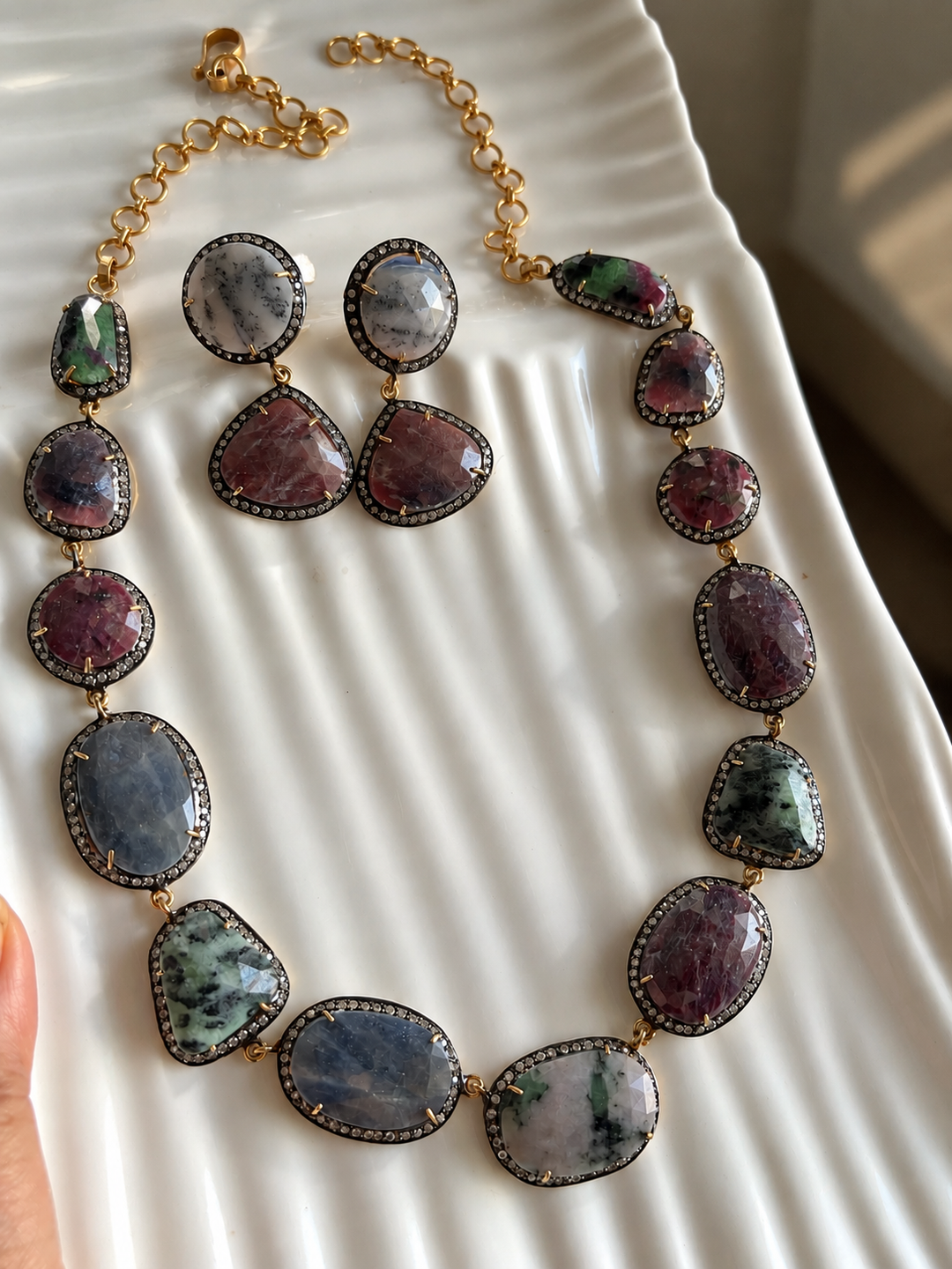 Gold-Plated Multi-Sapphire 925 Silver Necklace Set