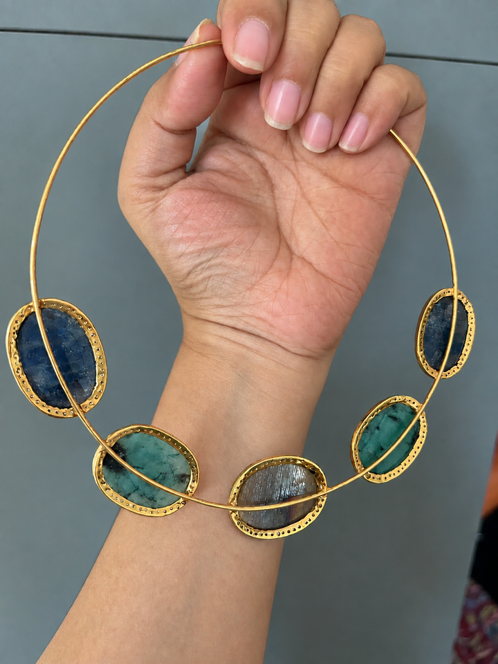 Antique Gold Multi-Sapphire 925 Silver Hasli Set