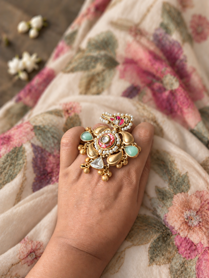 Gold-Tone Bird Motif Ghungroo Haathphool Ring